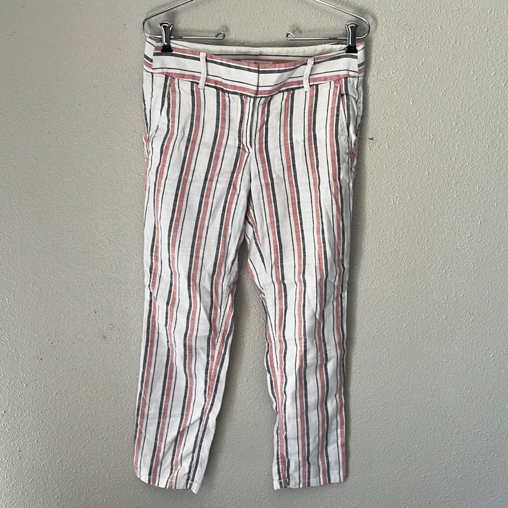 Loft Womens Pant White Linen Striped Marisa Coastal Grandma Academia Ankle